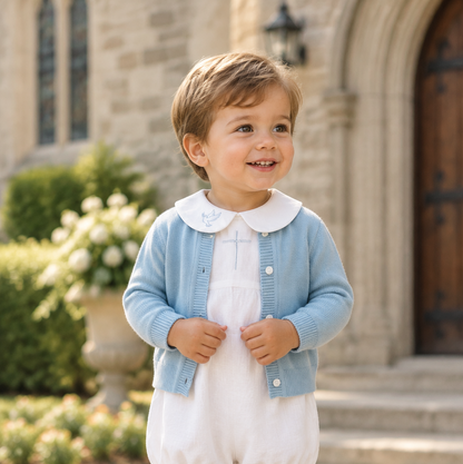 Linen Baptism 3/4 length jumpsuit romper with optional pale blue cardigan