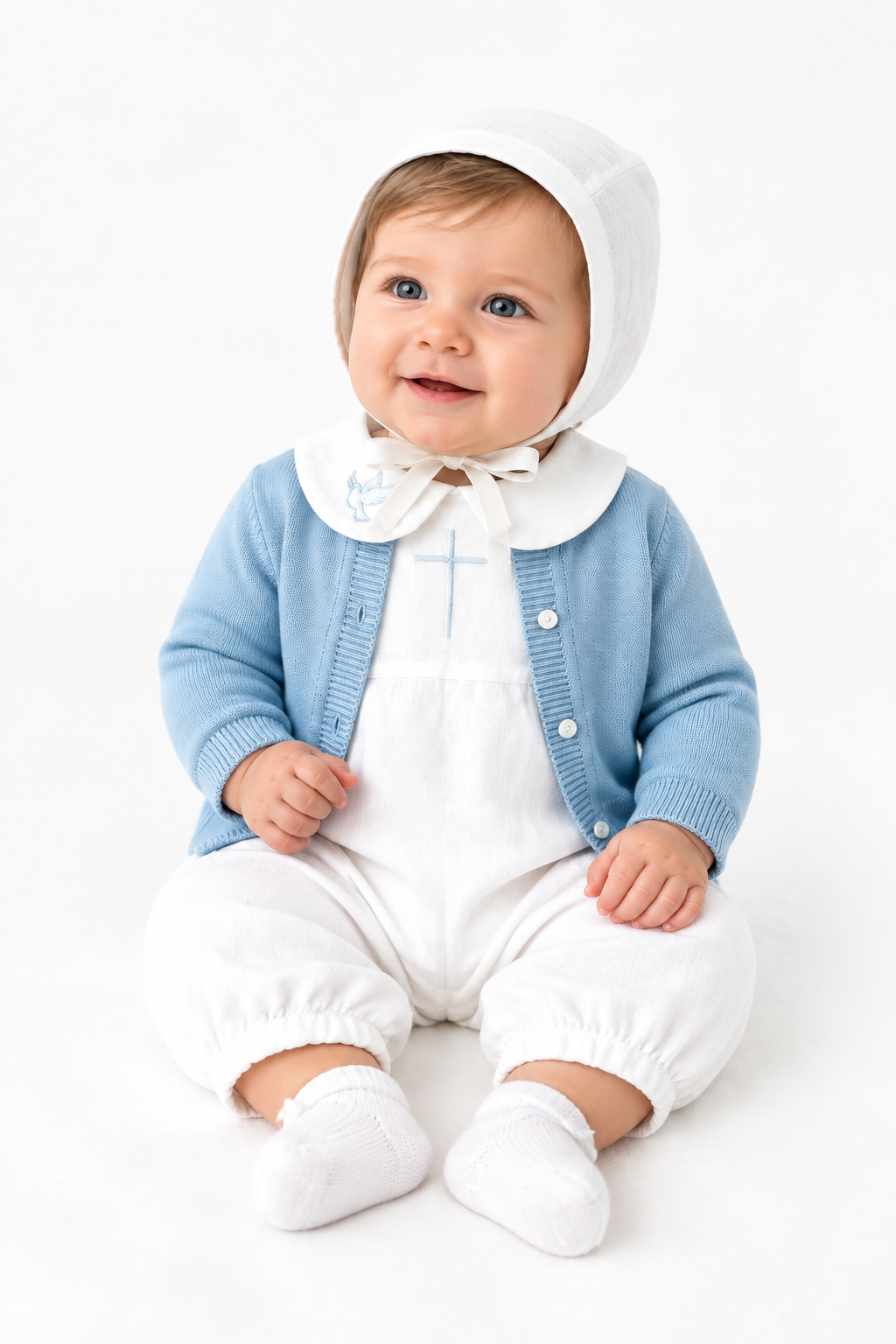 Linen Baptism 3/4 length jumpsuit romper with optional pale blue cardigan