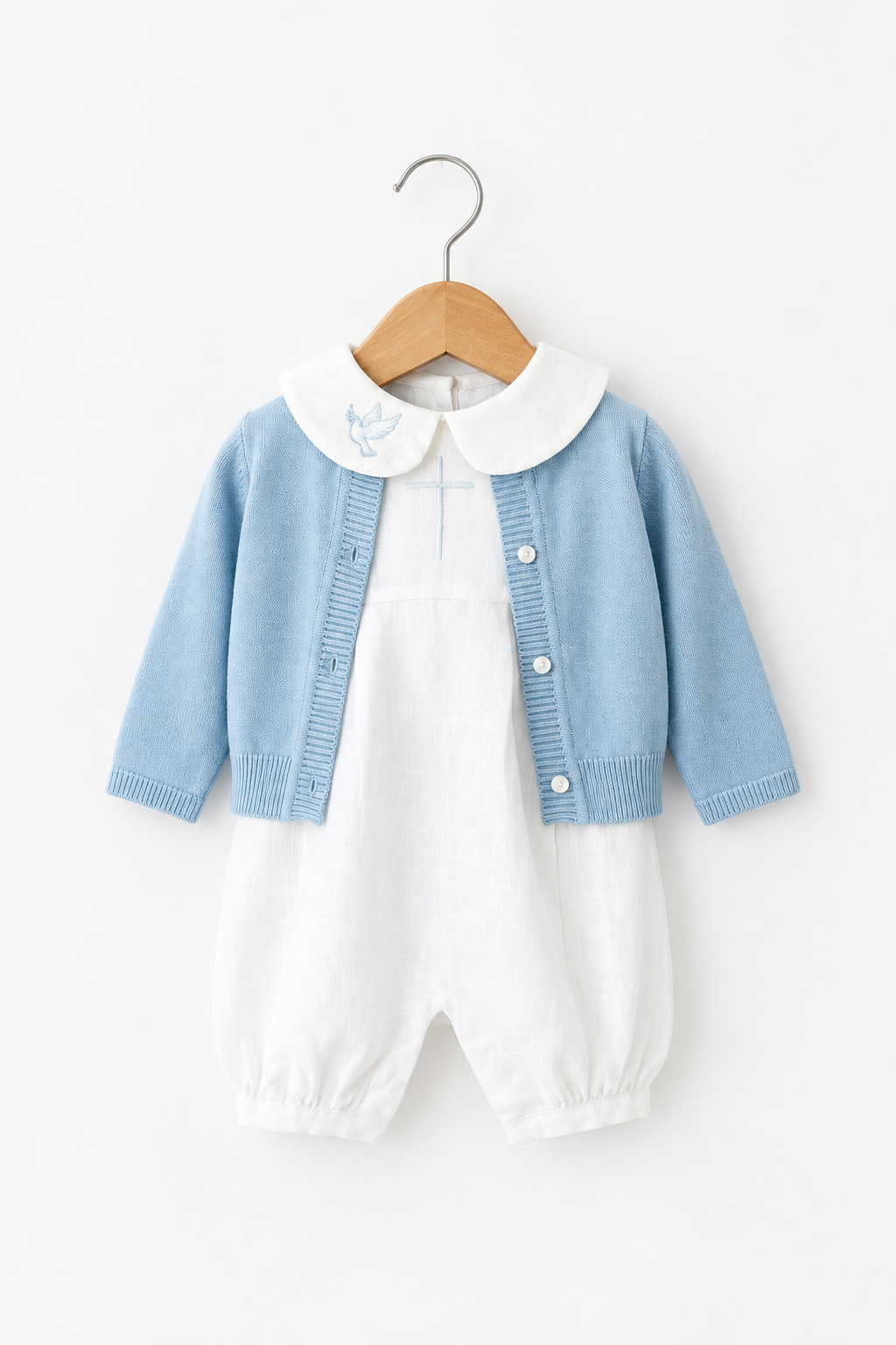 Linen Baptism 3/4 length jumpsuit romper with optional pale blue cardigan