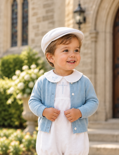 Linen Baptism 3/4 length jumpsuit romper with optional pale blue cardigan
