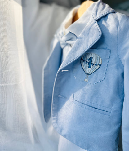 Boys Light blue suit with blue vest, bow tie optional jacket, plus white linen shirt and suspender pants