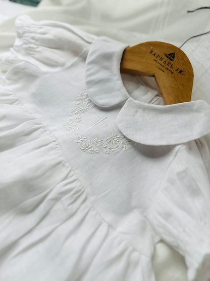Pure Linen knee length Baptism Dress with embroidery and bloomers and optional ribbon
