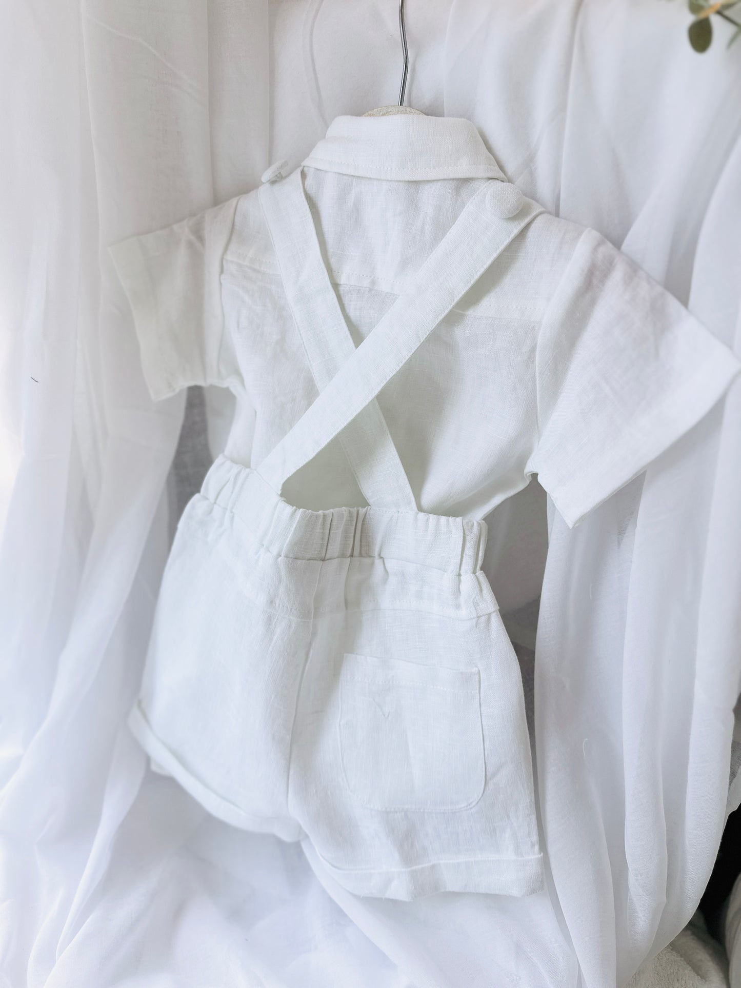 Boys white pure linen overalls suspender shorts with optional shirt and embroidery