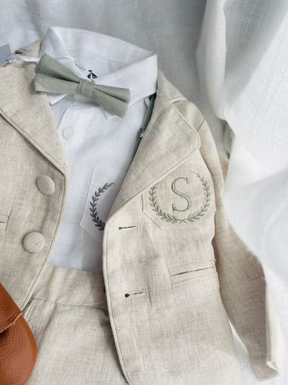 Beige linen pants and shirt set with bowtie and suspenders and optional personalisation