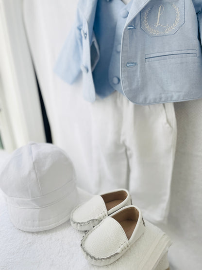 White linen Baptism Suit outfit with optional blue jacket and Accessories