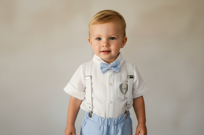 Light Blue summer first birthday set with shorts, shirt, suspenders and bow tie plus optional extras