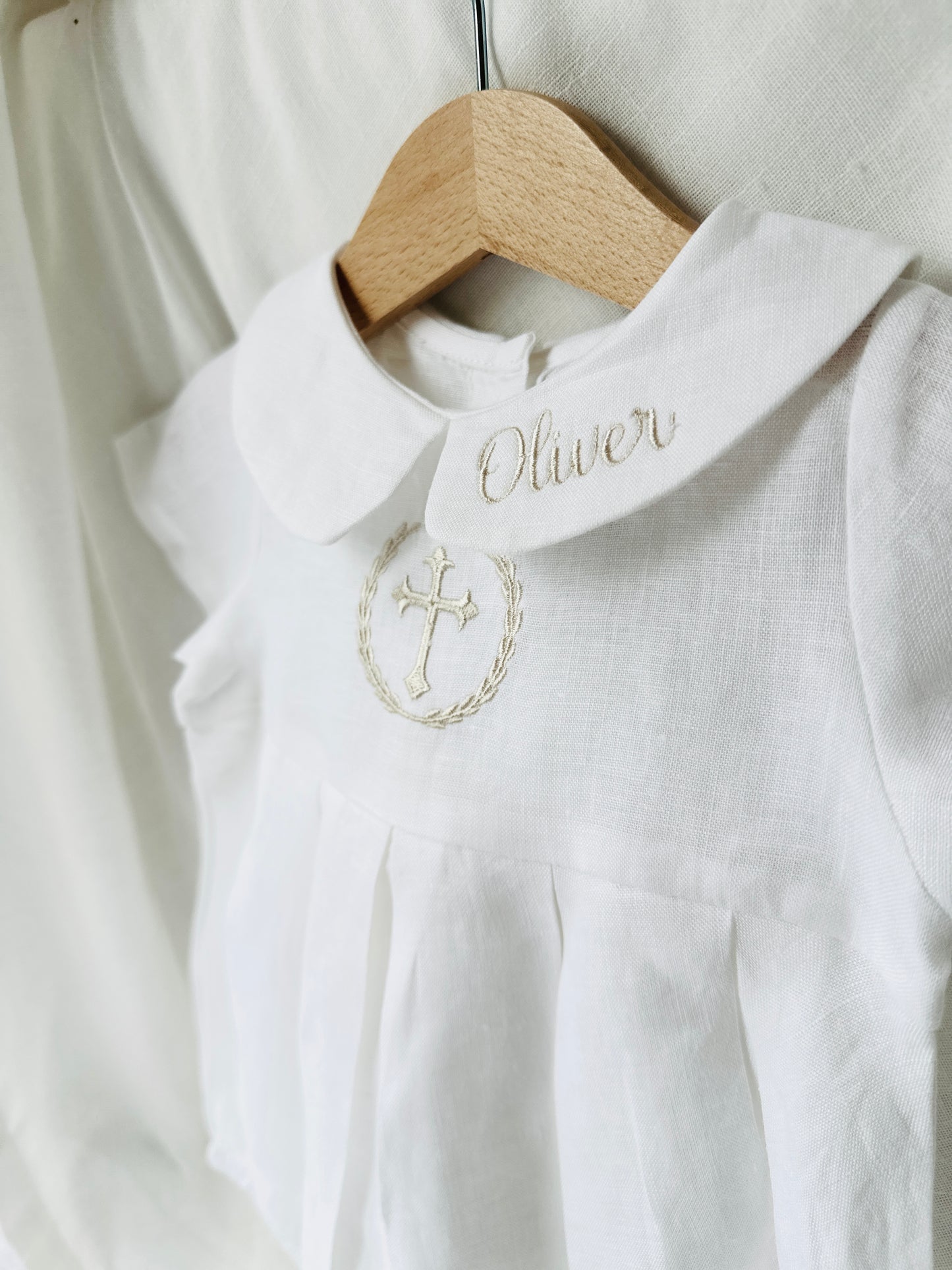 Linen Baptism peter pan collar bubble romper with optional embroidery customisation