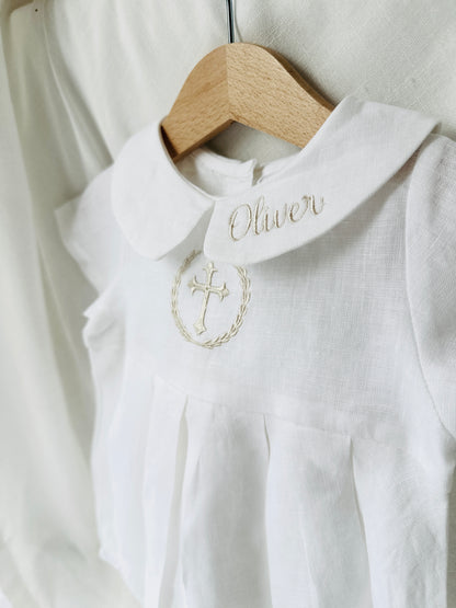 Linen Baptism peter pan collar bubble romper with optional embroidery customisation