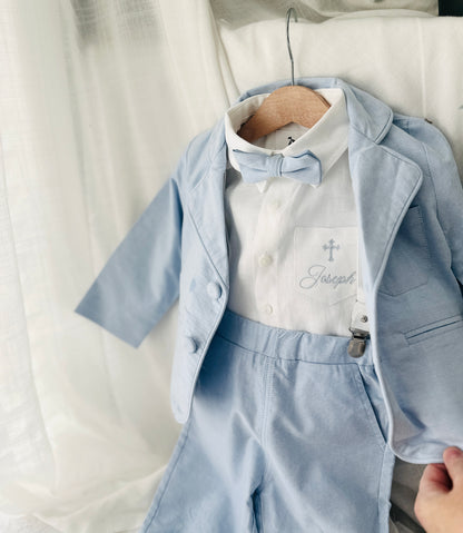 Blue chambray set with blue pants, white linen shirt, white, blue or beige suspenders and blue bow tie