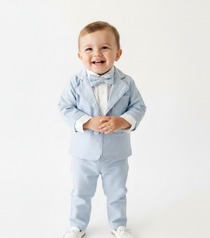 Blue chambray set with blue pants, white linen shirt, white, blue or beige suspenders and blue bow tie