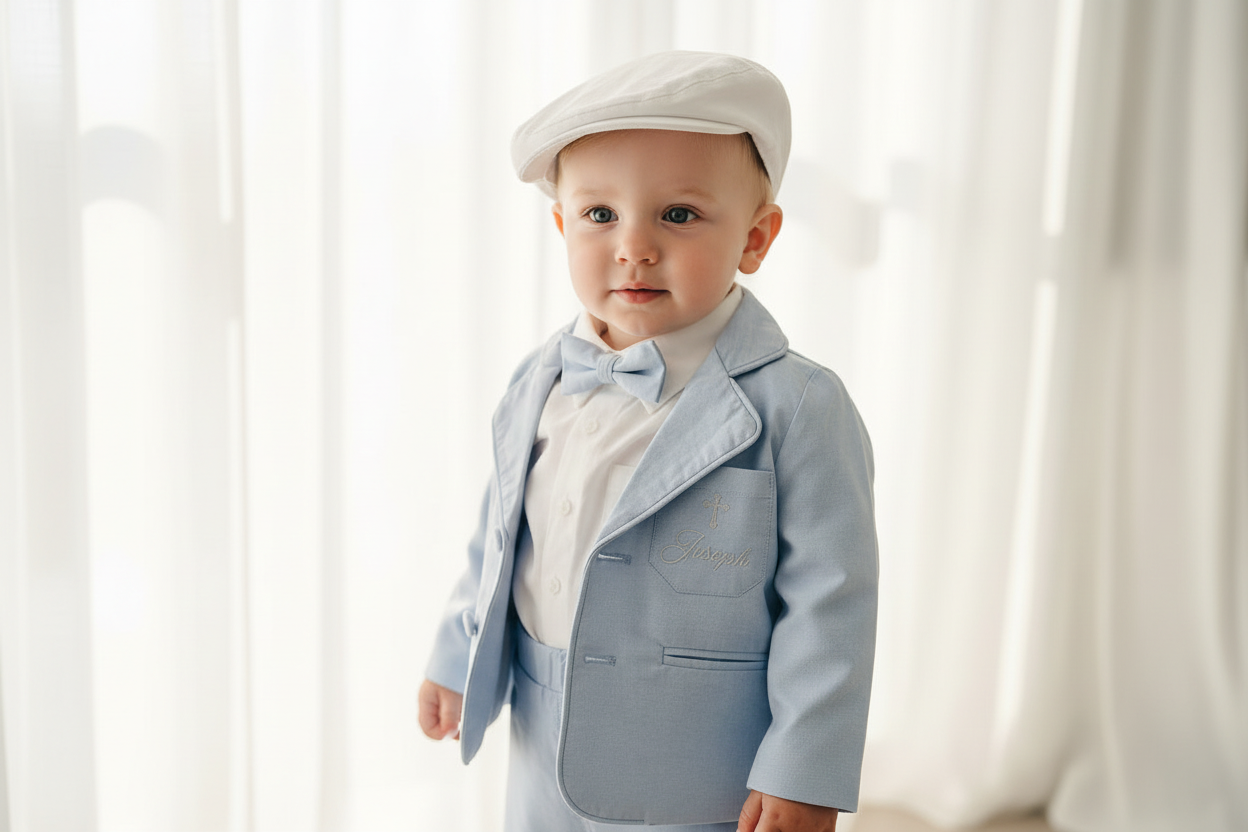 Blue chambray set with blue pants, white linen shirt, white, blue or beige suspenders and blue bow tie