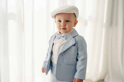 Blue chambray set with blue pants, white linen shirt, white, blue or beige suspenders and blue bow tie