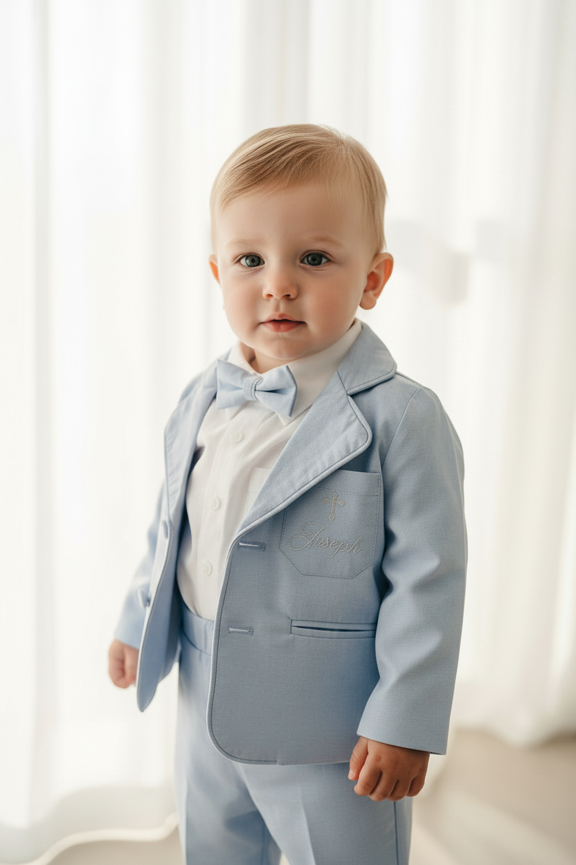 Blue chambray set with blue pants, white linen shirt, white, blue or beige suspenders and blue bow tie
