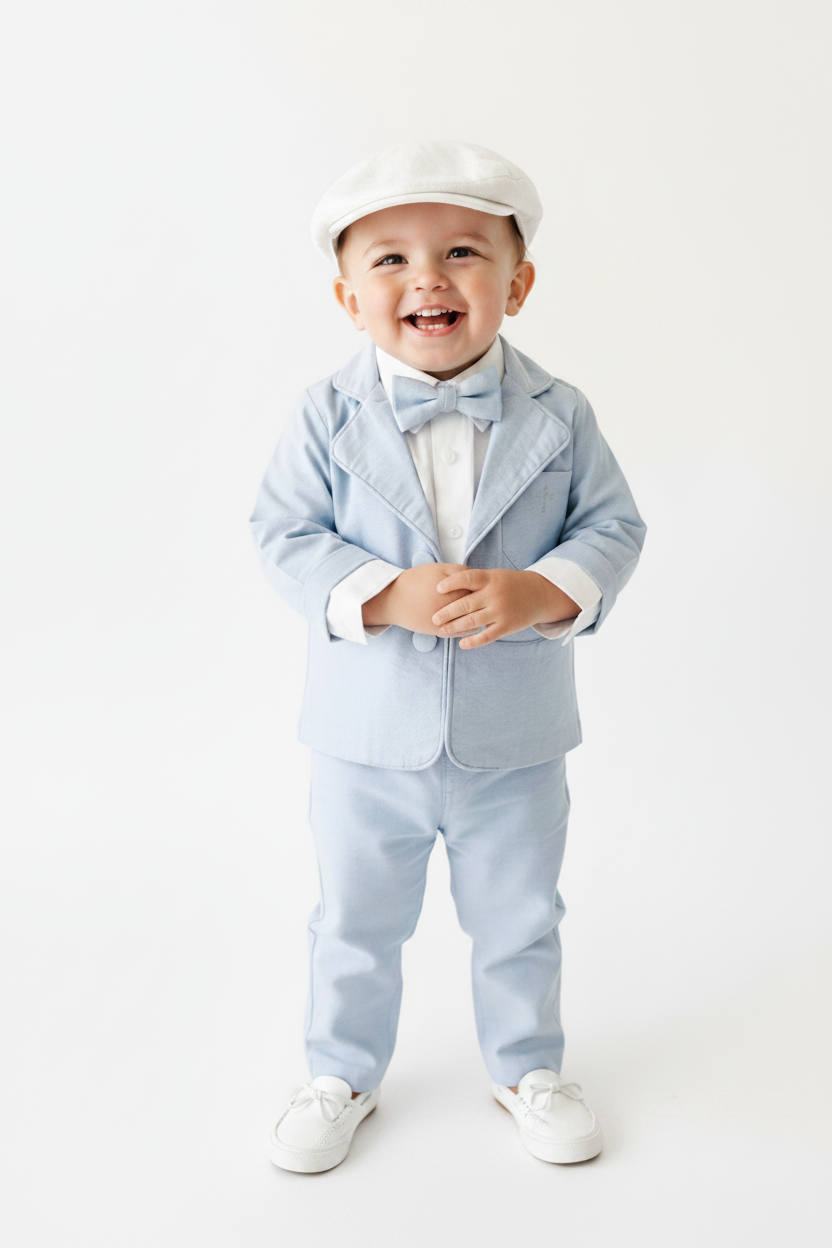 Blue chambray set with blue pants, white linen shirt, white, blue or beige suspenders and blue bow tie