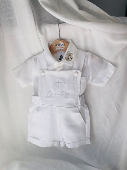 Boys white pure linen overalls suspender shorts with optional shirt and embroidery