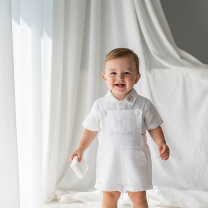 Boys white pure linen overalls suspender shorts with optional shirt and embroidery