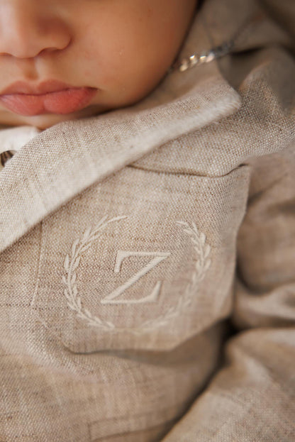 Beige linen pants and shirt set with bowtie and suspenders and optional personalisation