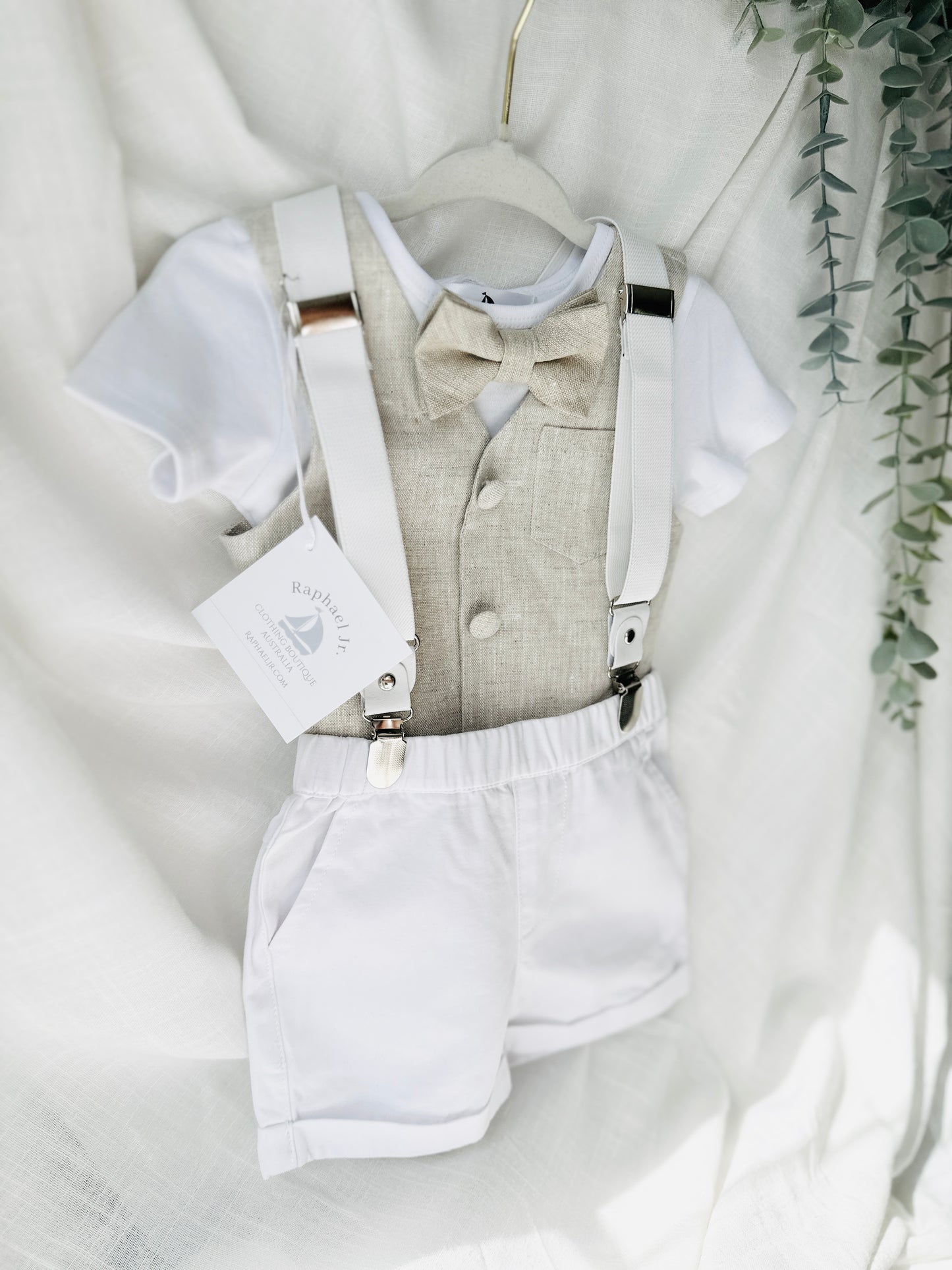 Boys white and beige cotton Baptism wedding set with vest onesie, shorts, suspenders and bow tie