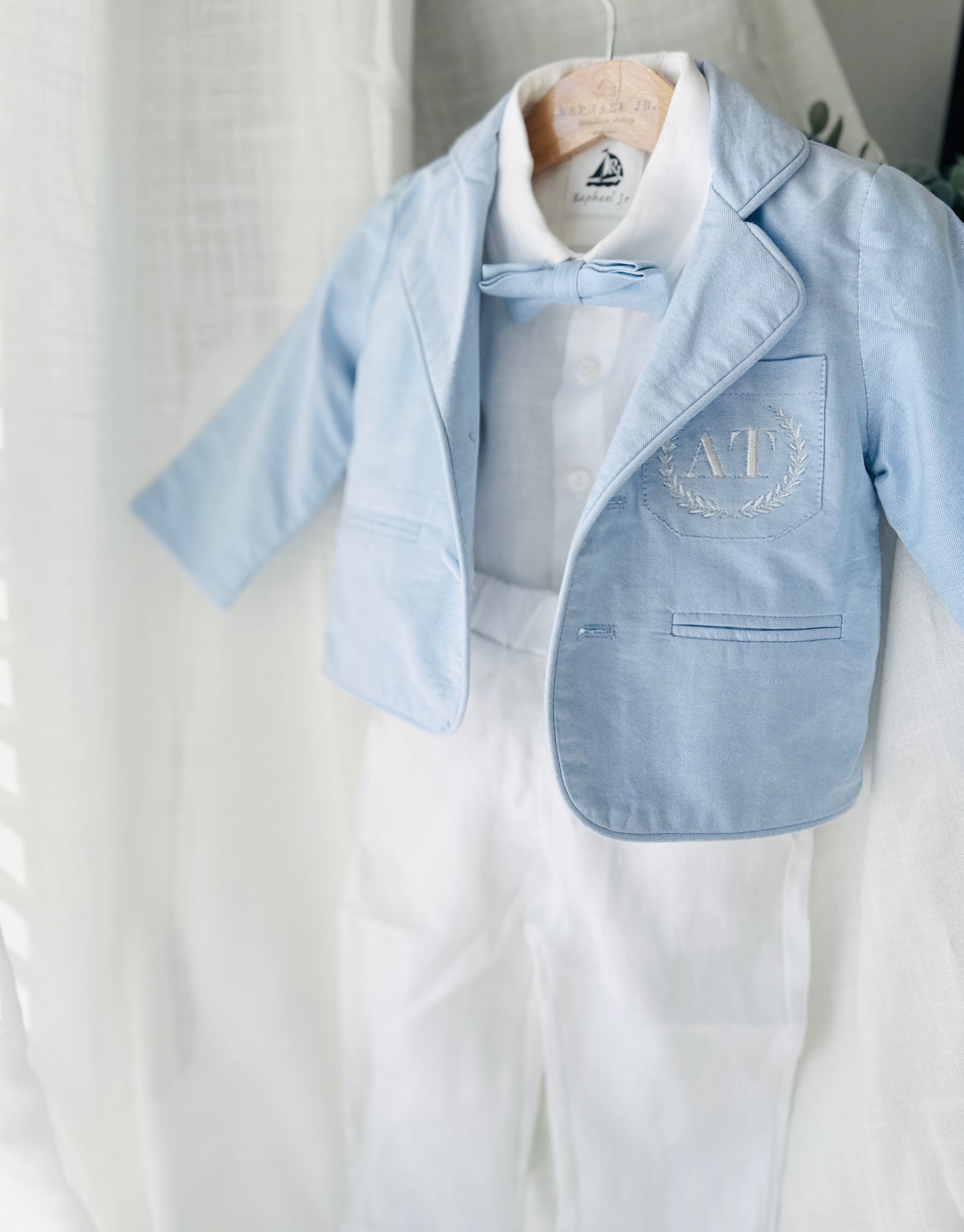 Boys Pale Blue chambray Jacket and beige Linen pants suit