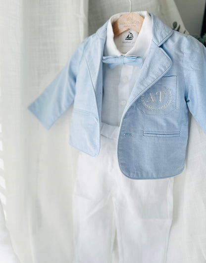 White linen Baptism Suit outfit with optional blue jacket and Accessories