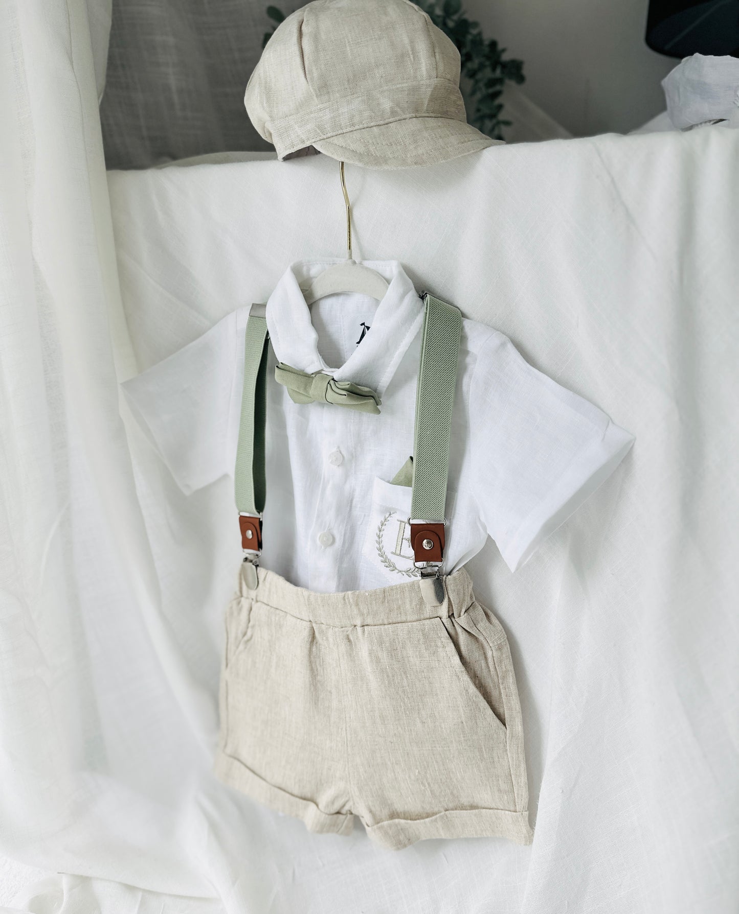 Beige Linen Baptism outfit with suspender shorts, shirt, and bow tie plus optional jacket and embroidery