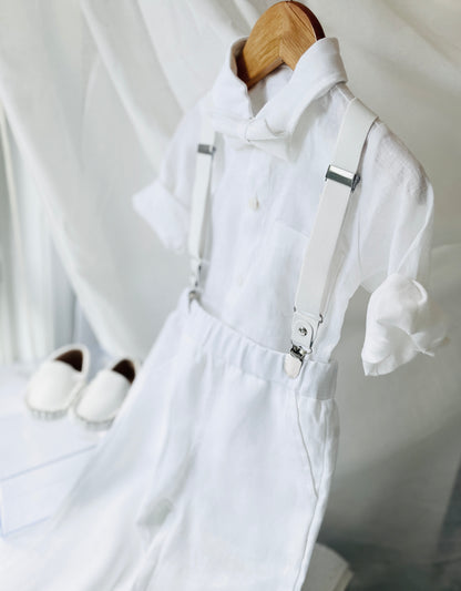 White linen Baptism Suit outfit with optional blue jacket and Accessories