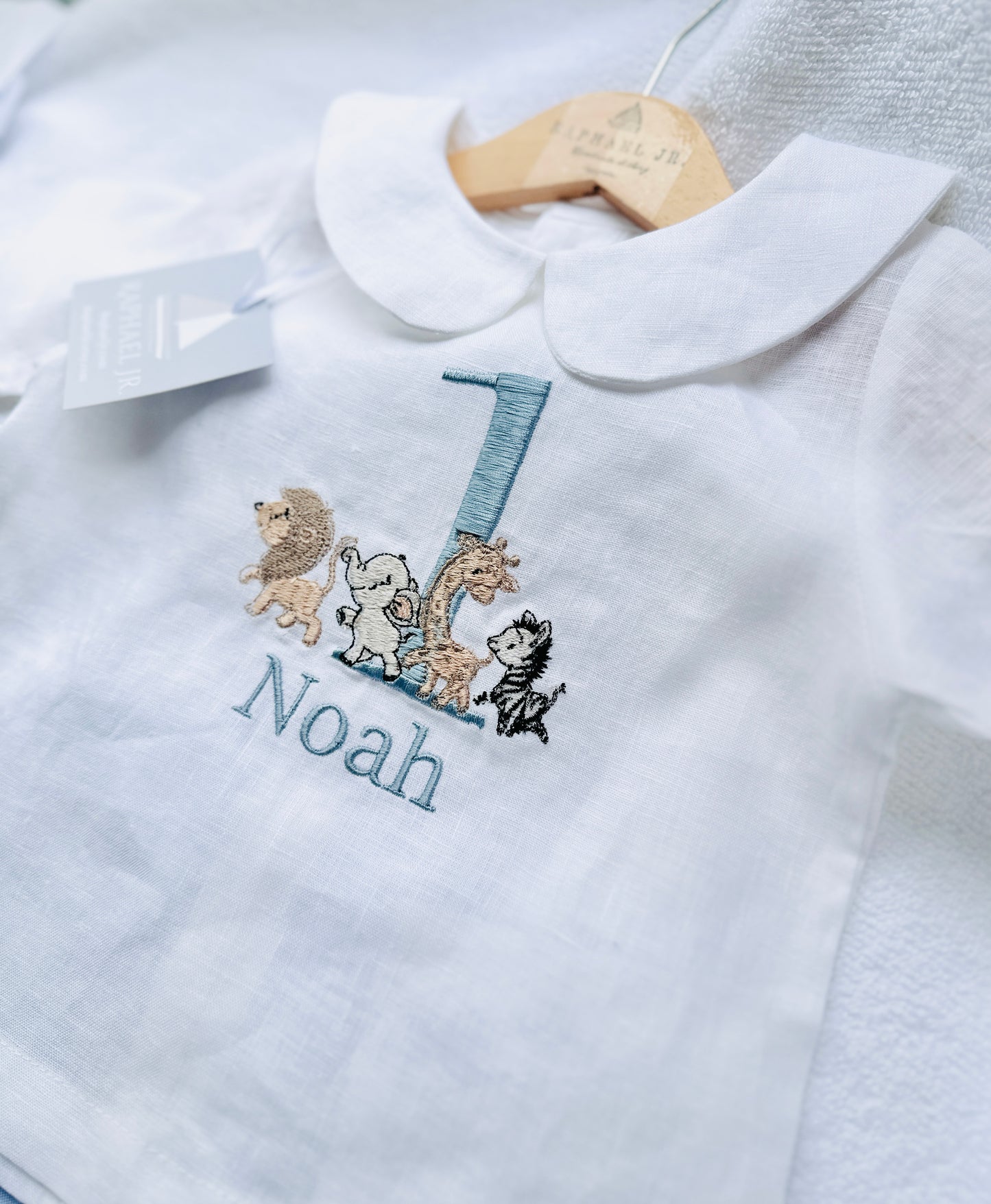 Boys Beige Linen First Birthday romper overalls wild one safari