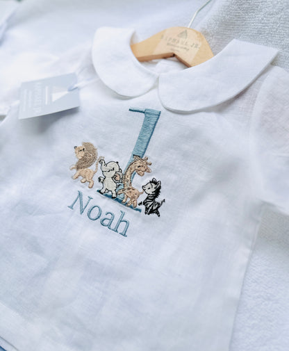 Blue and white linen first Birthday and Baptism blouse with suspender shorts set