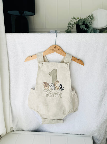 Beige and white linen and cotton baptism romper and linen shirt set