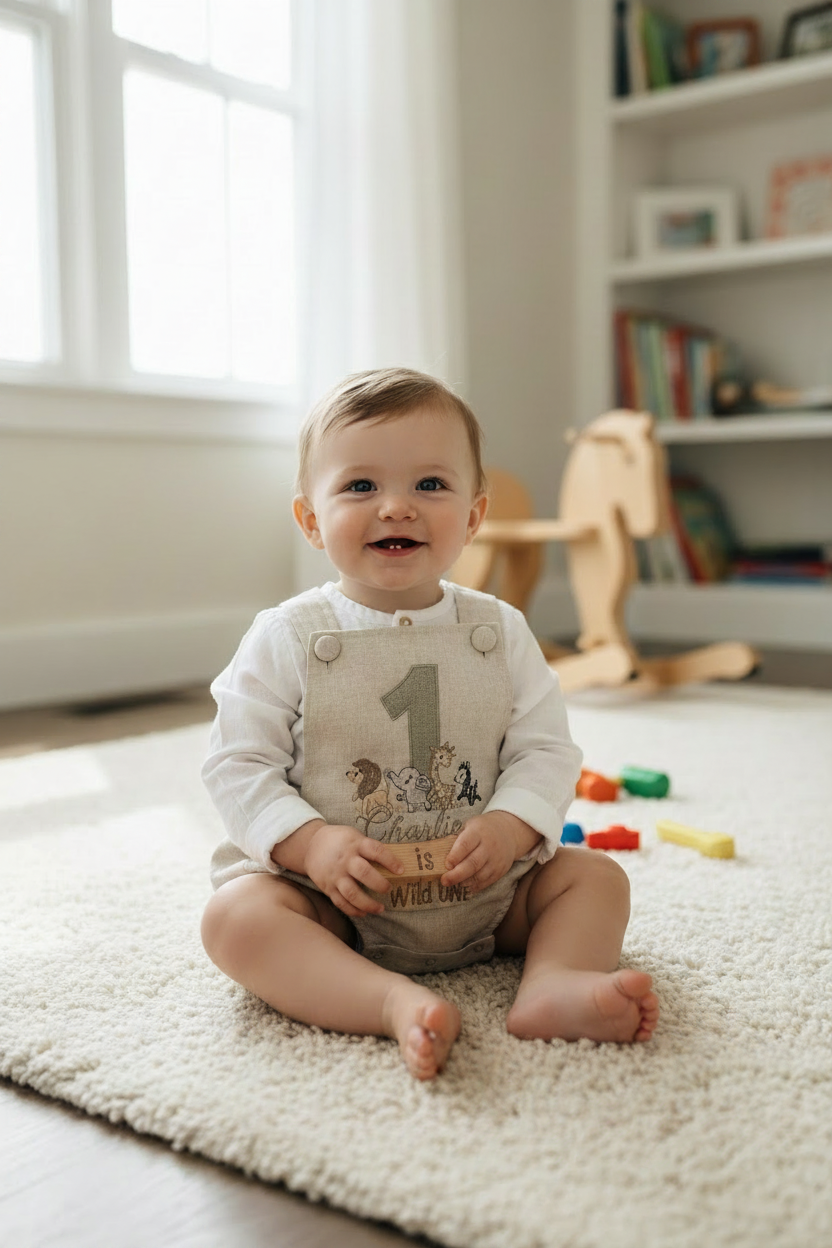 Beige and white linen and cotton baptism romper and linen shirt set