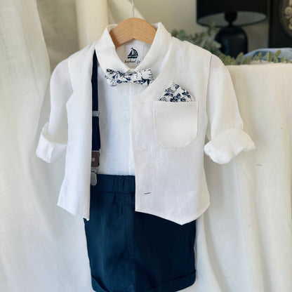 White linen vest and navy shorts summer set