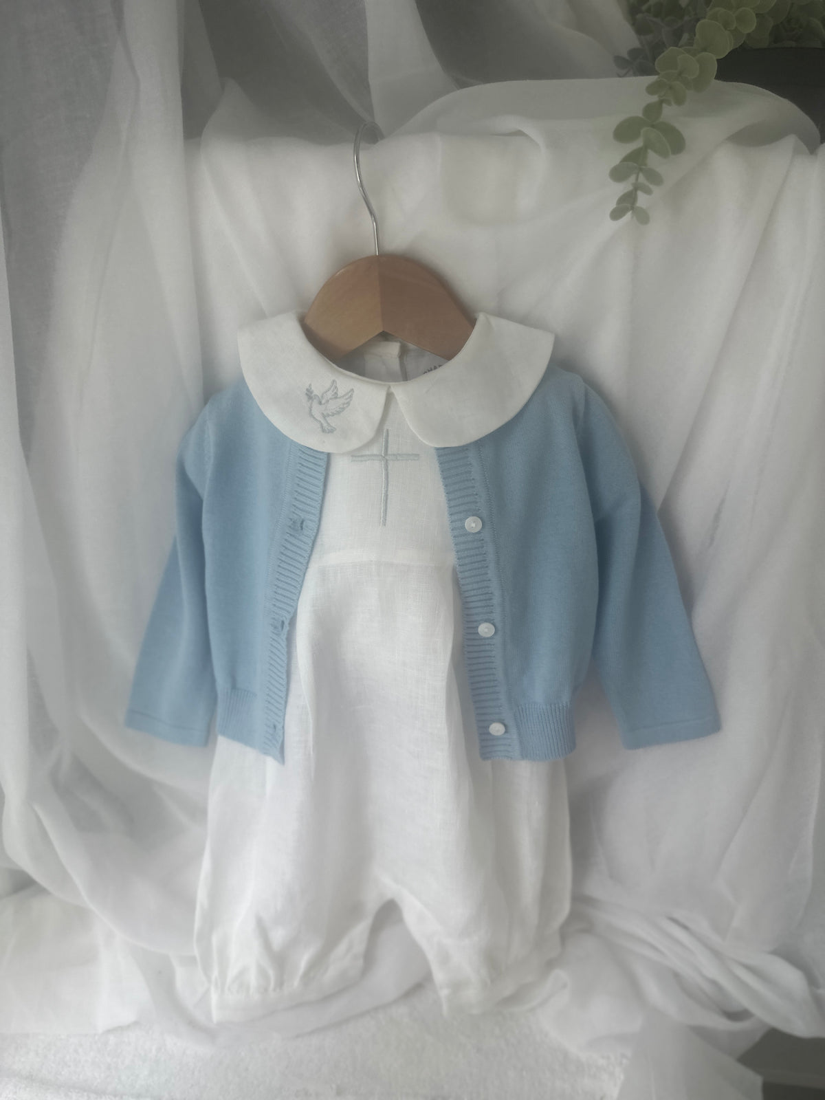Linen Baptism 3/4 length jumpsuit romper with optional pale blue cardigan