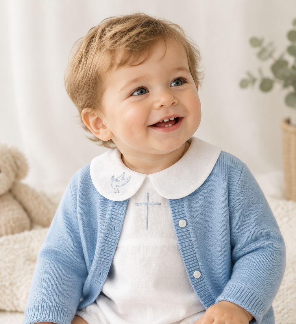 Linen Baptism 3/4 length jumpsuit romper with optional pale blue cardigan