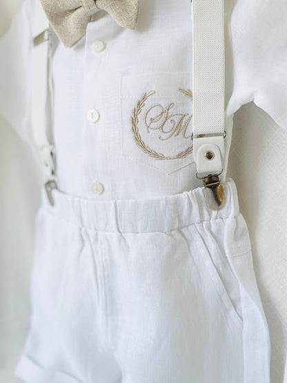 Boys white and beige linen Baptism and Wedding Outfit with vest, shirt, shorts, suspenders and bow tie