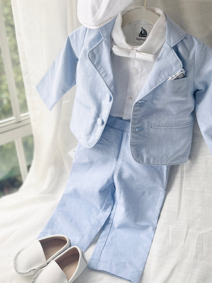Blue chambray set with blue pants, white linen shirt, white, blue or beige suspenders and blue bow tie