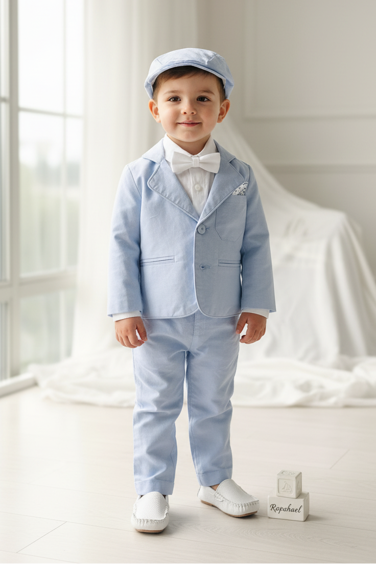 Blue chambray set with blue pants, white linen shirt, white, blue or beige suspenders and blue bow tie