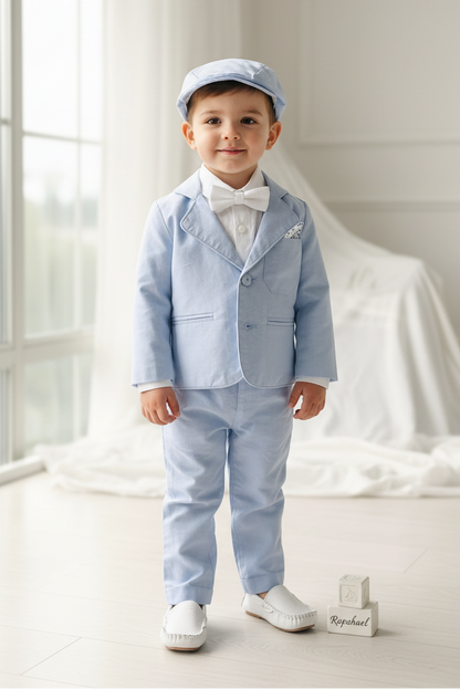Blue chambray set with blue pants, white linen shirt, white, blue or beige suspenders and blue bow tie
