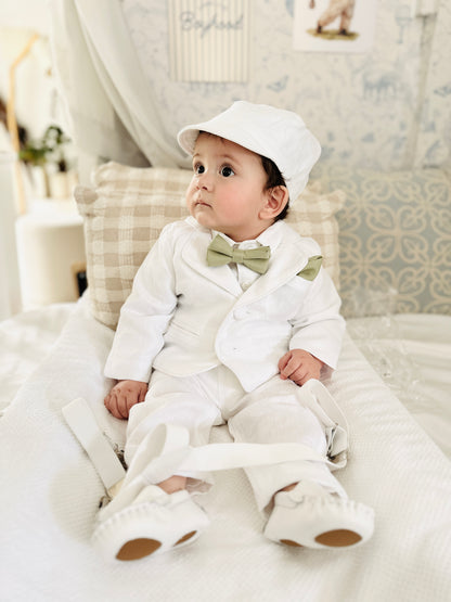 Boys white linen full 5 piece suit with vest, jacket, shirt, pants, suspenders and bow tie plus extras