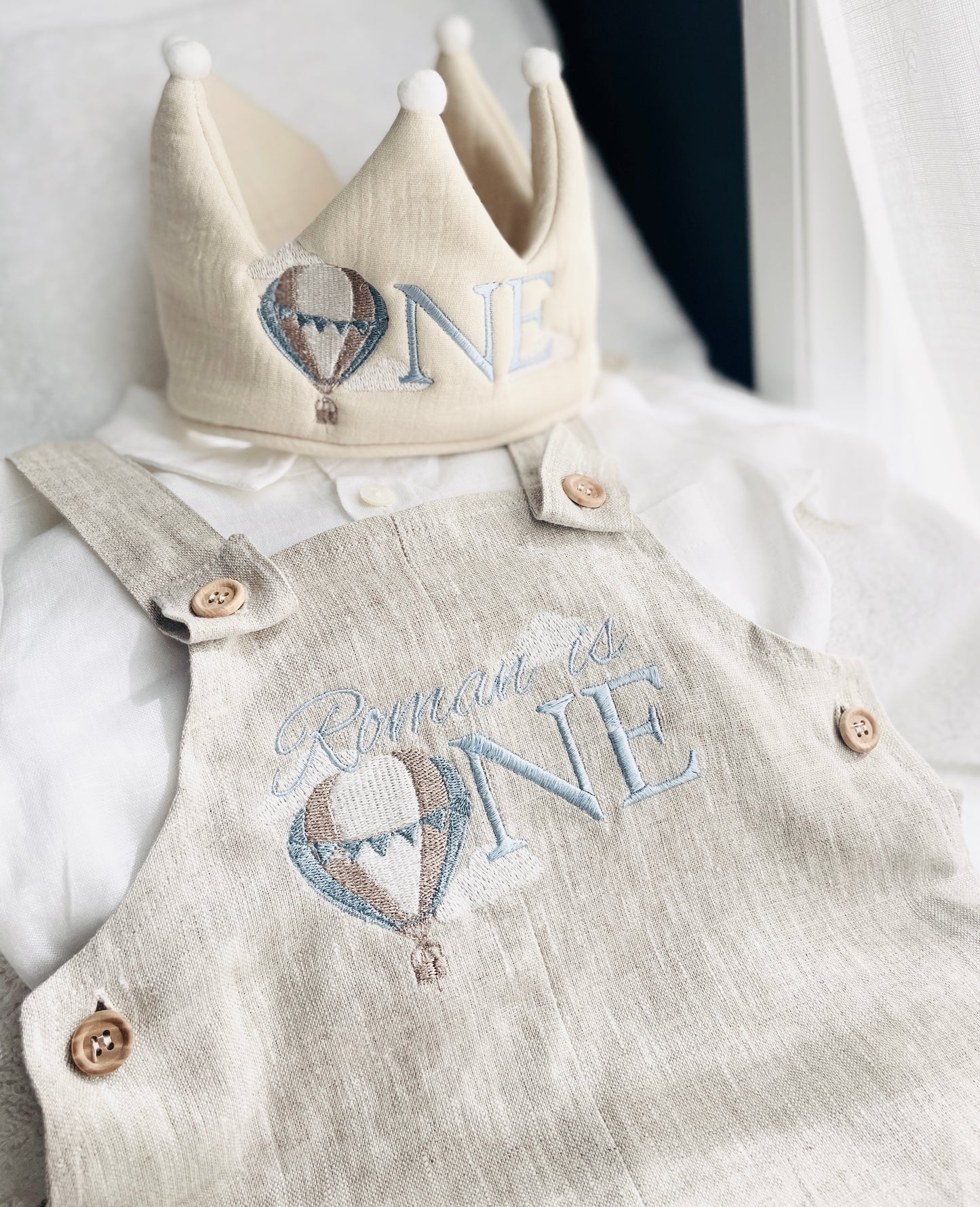 Beige or white Linen Birthday crown hat with embroidery