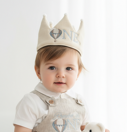 Boys Beige Linen Birthday overalls romper dungarees safari balloon fast car wild sea themes