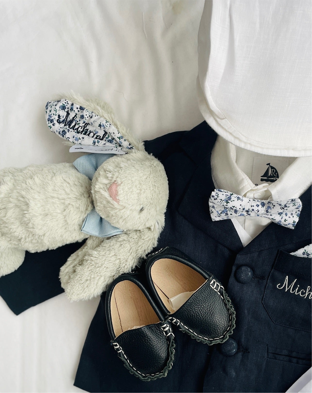 Grey fluffy christening bunny rabbit toy in little suit and bow tie to match babys outfit embroidery optional