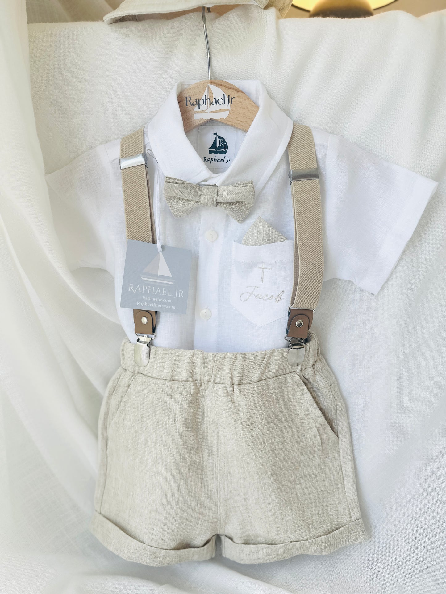 Beige Linen Baptism outfit with suspender shorts, shirt, and bow tie plus optional jacket and embroidery