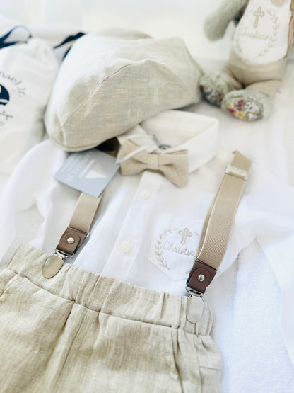 Beige Linen full length suit with pants, shirt, jacket and accessories