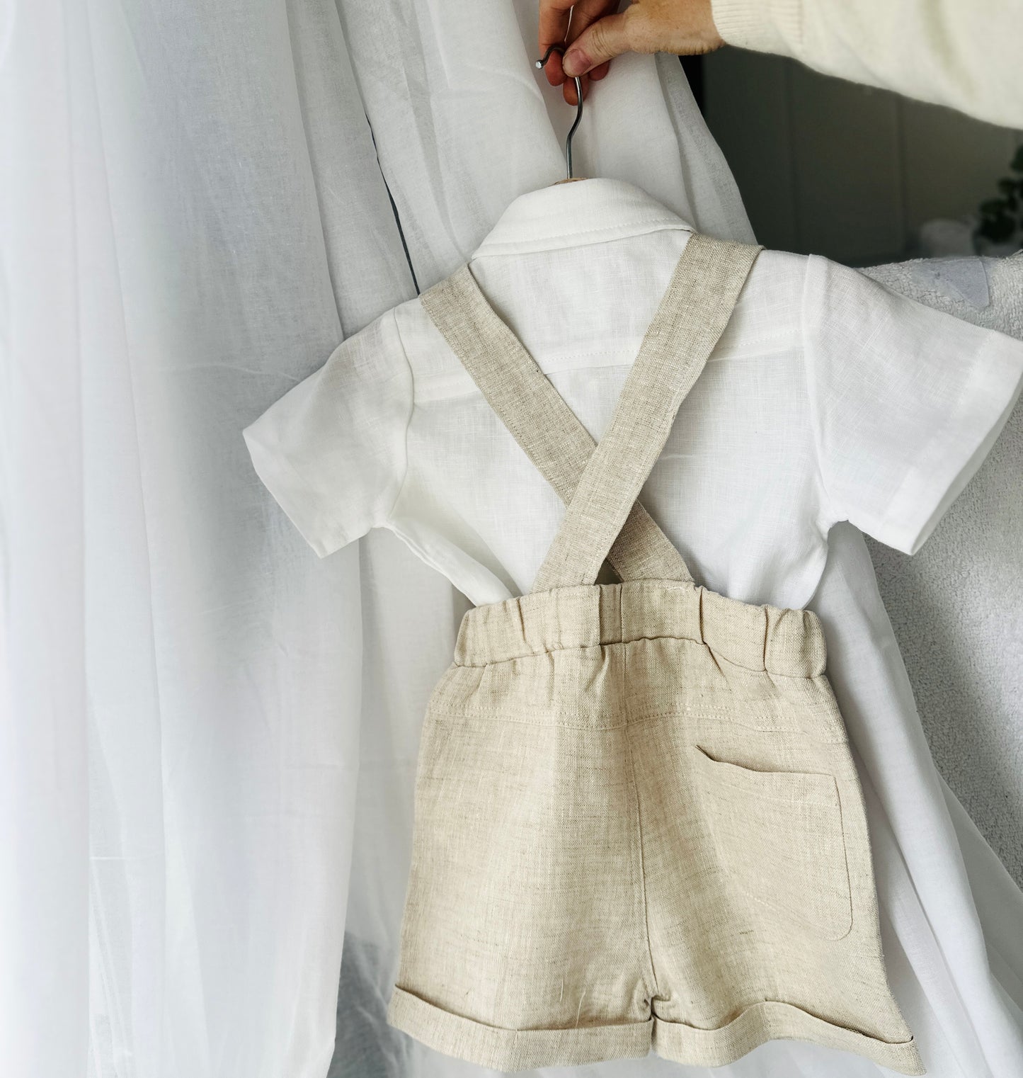 Boys beige pure linen overalls with optional shirt and embroidery