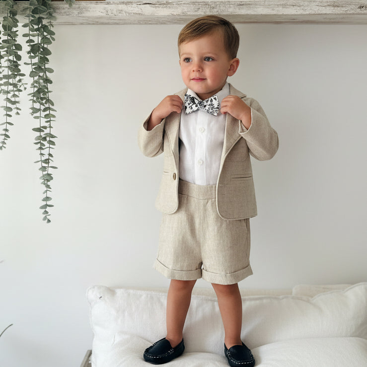 Beige Linen Summer Suit with navy blue accessories