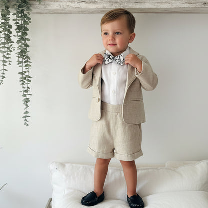 Beige Linen Summer Suit with navy blue accessories