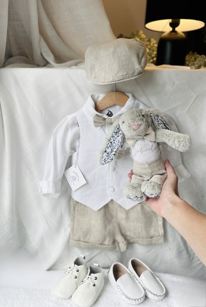 Boys white and beige linen Baptism and Wedding Outfit with vest, shirt, shorts, suspenders and bow tie