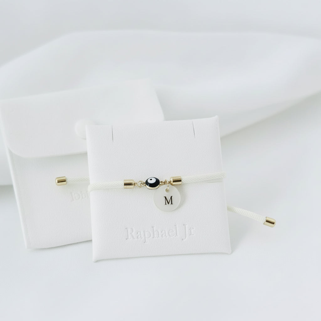 Evil eye bracelet white rope with gold clasps and optional charm