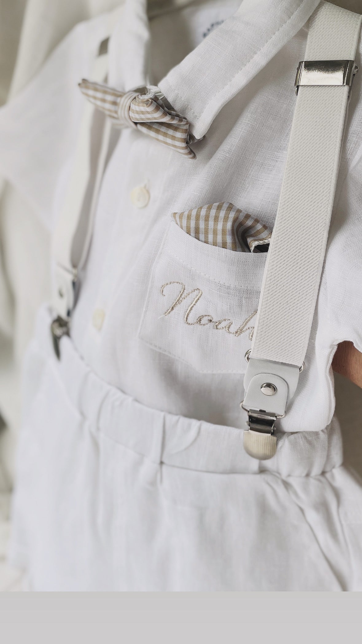 Boys white and beige linen Baptism and Wedding Outfit with vest, shirt, shorts, suspenders and bow tie
