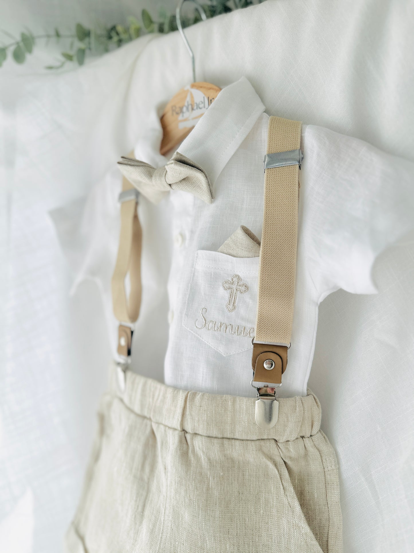 Beige Linen Baptism outfit with suspender shorts, shirt, and bow tie plus optional jacket and embroidery